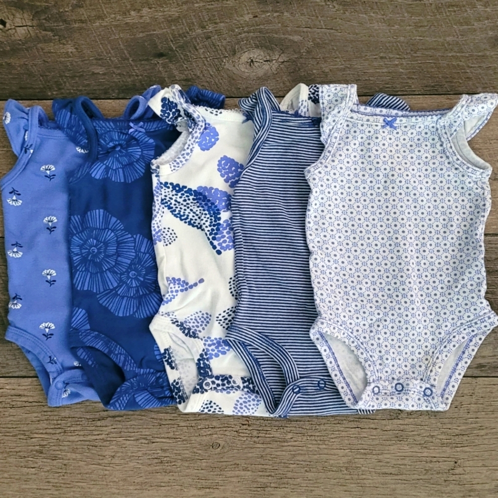 5 piece Carter's Blue Mixed Print Baby One-Pieces Bodysuits size 3 month